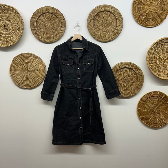 Vintage Y2K 2000s Emergency Exit Denim Mini Dress Small Button Up Belt Collared - Picture 2 of 7